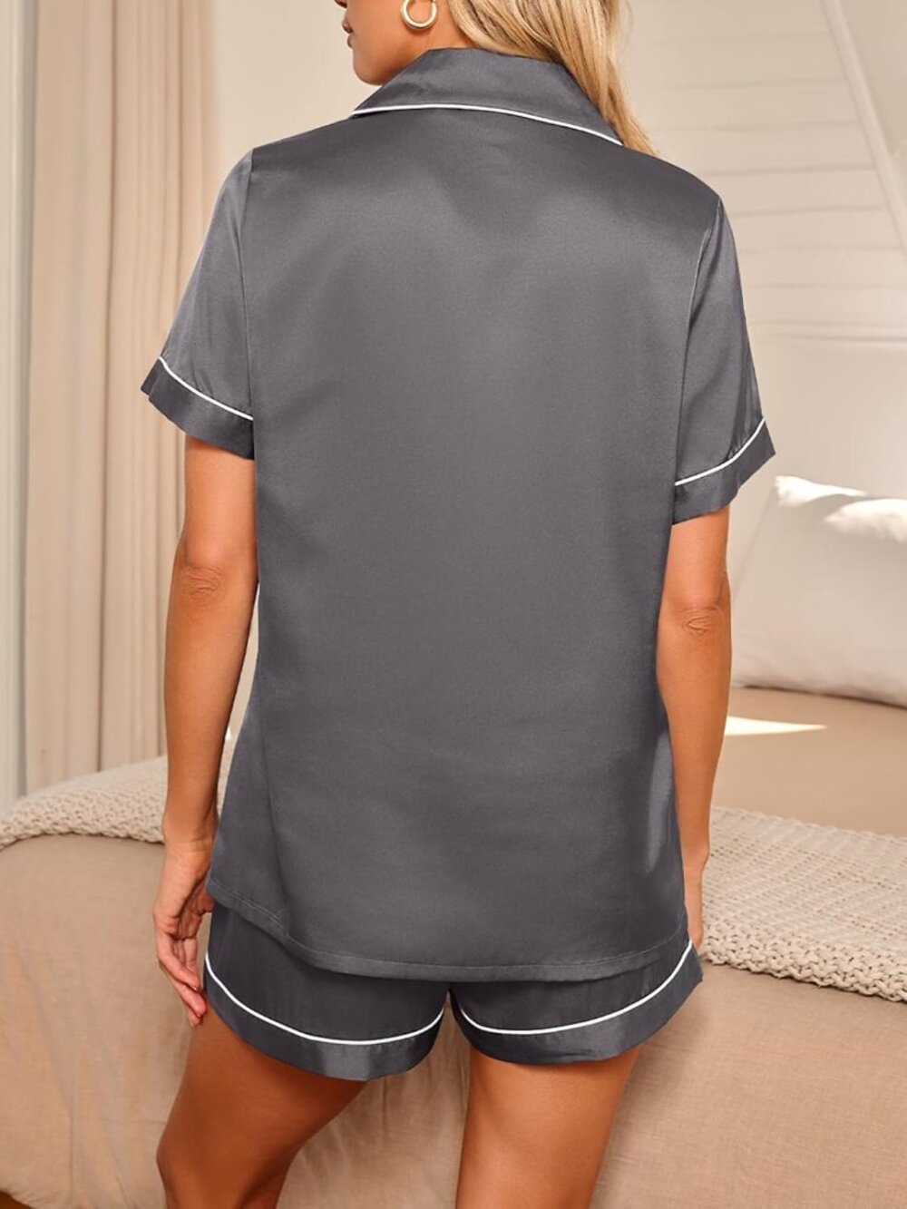 Women's Deep Grey Silk Satin Pajama 2 Piece Sleepwear Button Down Short Shirt - Picture 5 of 6